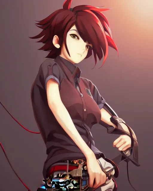 Image similar to makoto shinkai, artgerm, ilya kuvshinov, steampunk beautiful anime woman, red shirt brown pants, black and red hair hair, symmetrical face, symmetrical eyes, full round face, short smile, detailed, summer setting, cinematic lighting