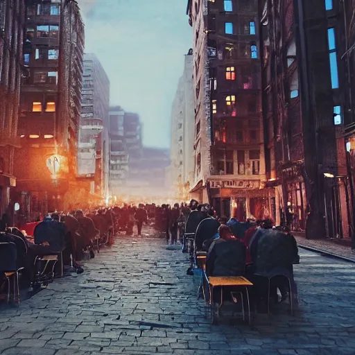 Image similar to people sitting in rows of desks in the middle of a city street, first person view from back row, dream - like atmosphere, high quality digital art