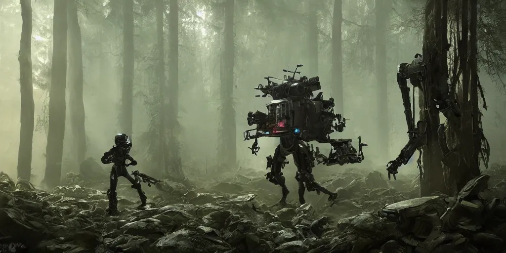 Prompt: combat exoskeleton in dieselpunk style in deep mystical forest. award winning. dramatic. trending on artstation. high quality. rendered by beeple, by makoto shinkai, syd meade, starwars, space art concept, sci - fi, digital art, unreal engine, wlop, trending on artstation, 4 k uhd image, octane render