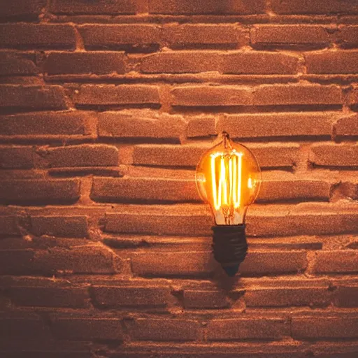 Prompt: a bright antique lightbulb on the floor lighting up a dark room with a brick floor, close up, dslr photo