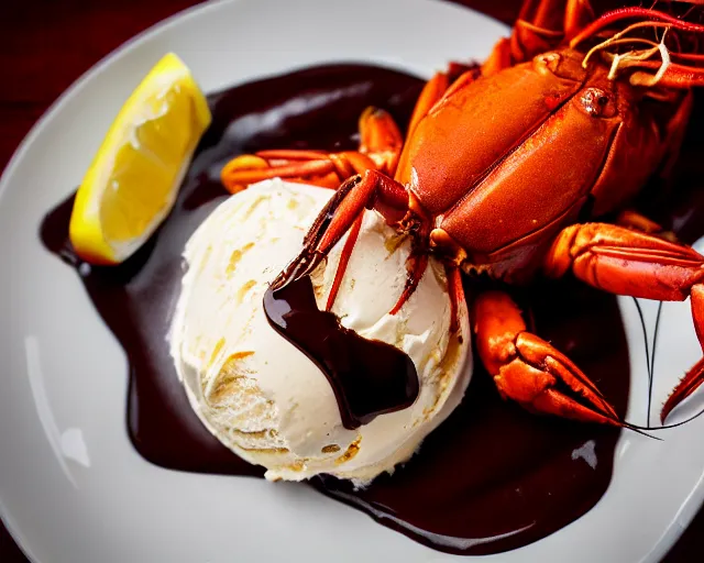 Prompt: dslr food photograph of a plate of lots of vanilla ice cream and a crawfish, some chocolate sauce, 8 5 mm f 1. 4