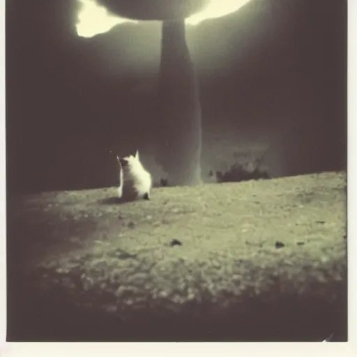 Prompt: polaroid photo of a cat watching a mushroom cloud in the background