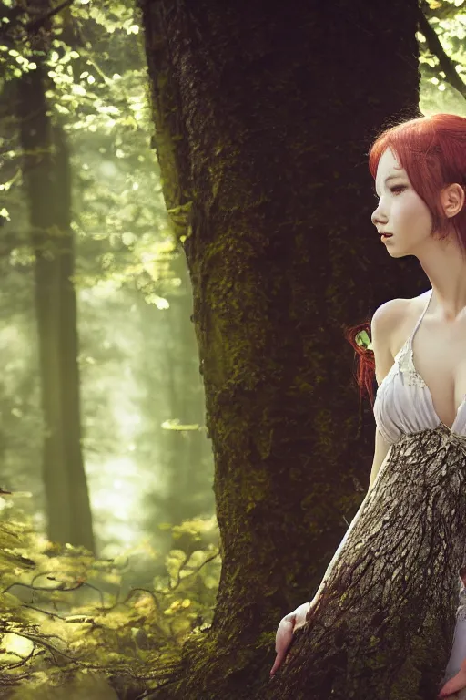 Prompt: beatiful elf princess in a secret forest, 3 / 4 chest view, hair jewellery, fully clothed, light mist, light rays sieving through the trees, shallow depth of field, by yuumei