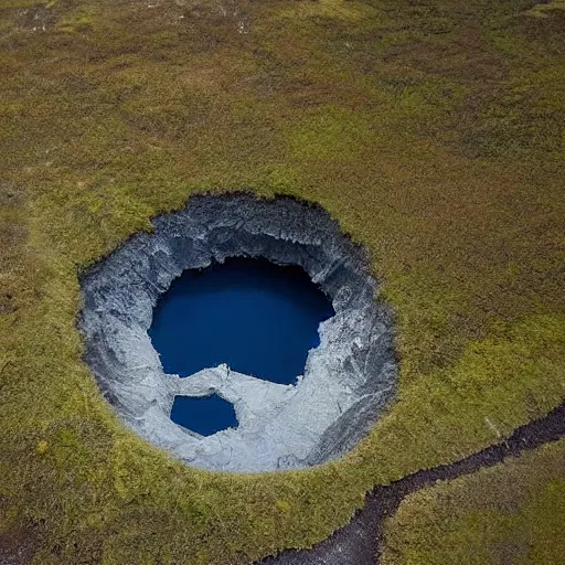 Image similar to aerial shot of permafrost sinkhole forming in siberia