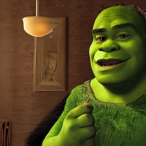 Prompt: photorealistic shrek at a job interview. octane render. high resolution.