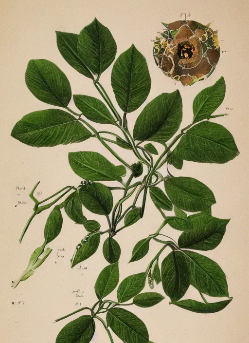 Image similar to scientific botanical illustration of a green plant with eyeballs instead of flowers