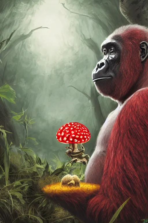 Image similar to gorilla holding an amanita muscaria, by alba ballesta gonzalez and moebius. 4 k wallpaper, digital flat 2 d, japan animation, comic book, illustration, cinematic lighting, smooth sharp focus very detailed, highly intricate