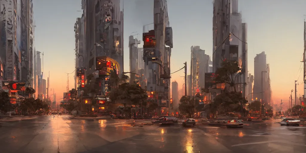 Prompt: street in architectural los angeles, dusk, painted by craig mullins, billboards, neon, artstation, matte painting, detailed 8 k, unreal render,