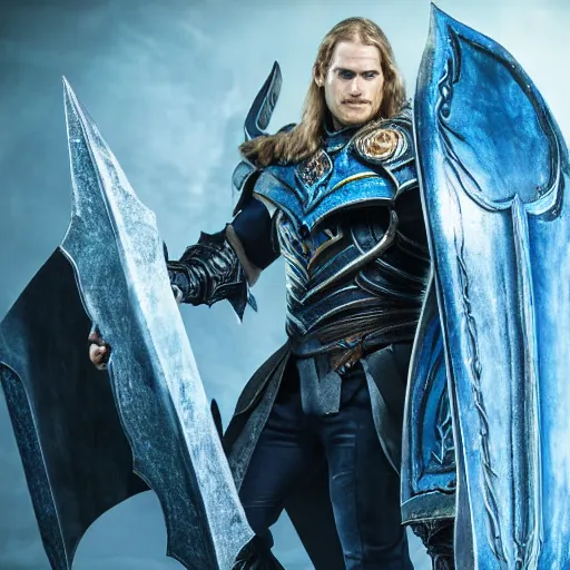 Prompt: Henry Cavill as Arthas Menethil in World of Warcraft, promo shoot, studio lighting