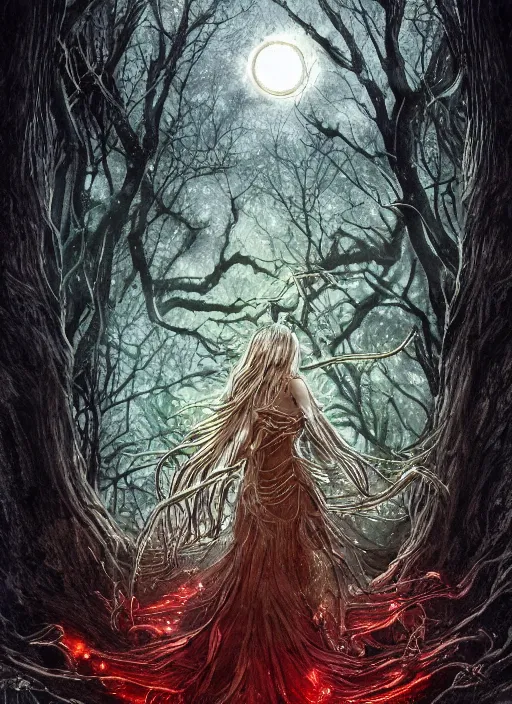 Image similar to glowing silver and golden elements, full close-up portrait, A beautiful dark witch in front of the full big moon, book cover, green forest, red white black colors, establishing shot, extremly high detail, foto realistic, cinematic lighting, pen and ink, intricate line drawings, by Yoshitaka Amano, Ruan Jia, Kentaro Miura, Artgerm, post processed, concept art, artstation, matte painting, style by eddie, raphael lacoste, alex ross