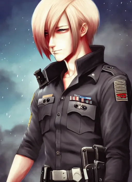 Prompt: Leon S kennedy as a Officer Bunny Character design, He has anime hair by charlie bowater, ross tran, artgerm, and makoto shinkai, detailed, inked, western comic book art