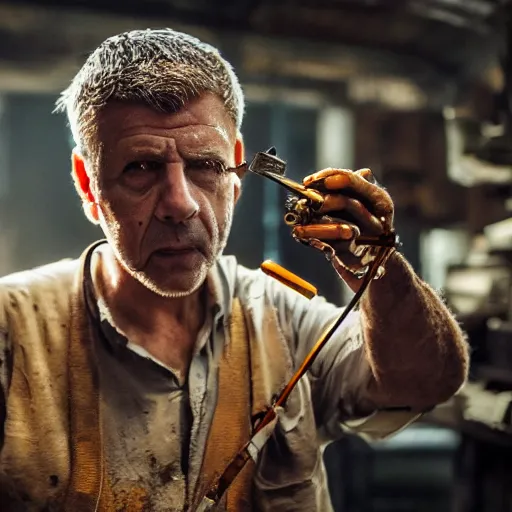 Image similar to inspecting intricate gun made from rusted cutlery, balding older cyborg with jeweller's loupe for eyes, with orange led light, smoking soldering iron, dark messy cluttered workshop, dark, dramatic lighting, cinematic, highly detailed, sci - fi, futuristic, movie still from blade runner