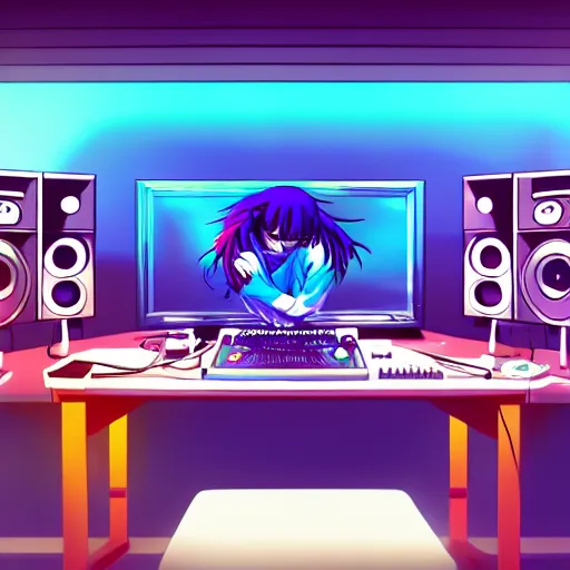 Image similar to An anime character working in their music studio. 90s anime, Sailor Moon, Neon Genesis, official art, flat cell shading, fantastic screenshot art, trending on artstation