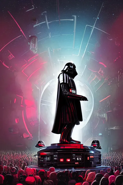 Prompt: darth vader dj standing on a giant science fiction turntable at a astronaut rave, digital art, winning award masterpiece, fantastically beautiful, illustration, dan mumford, moebius, artgerm, wlop 8 k