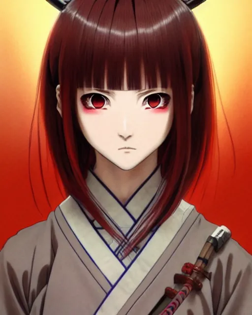 Image similar to Anime as Samurai girl cute-fine-face, brown-red-hair pretty face, realistic shaded Perfect face, fine details. Anime. Samurai armour realistic shaded lighting by Ilya Kuvshinov katsuhiro otomo ghost-in-the-shell, magali villeneuve, artgerm, rutkowski, WLOP Jeremy Lipkin and Giuseppe Dangelico Pino and Michael Garmash and Rob Rey