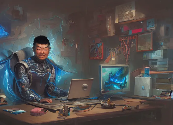 Image similar to an insanely detailed painting of an asian man wearing a homemade superhero costume, sitting at a desk, staring seriously at the computer and typing, in the style of peter mohrbacher, james jean, artgerm, dramatic lighting and composition, surreal background, octane render, pixar, trending on artstation, concept art, comic book, view from behind, 8 k