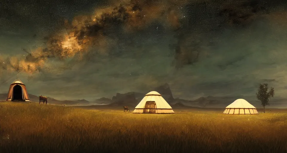 Image similar to close - up bull, deep night, stars shining, a yurt, in the steppe, summer field, from the game pathologic 2, highly detailed, sharp focus, matte painting, by isaac levitan and asher brown durand,