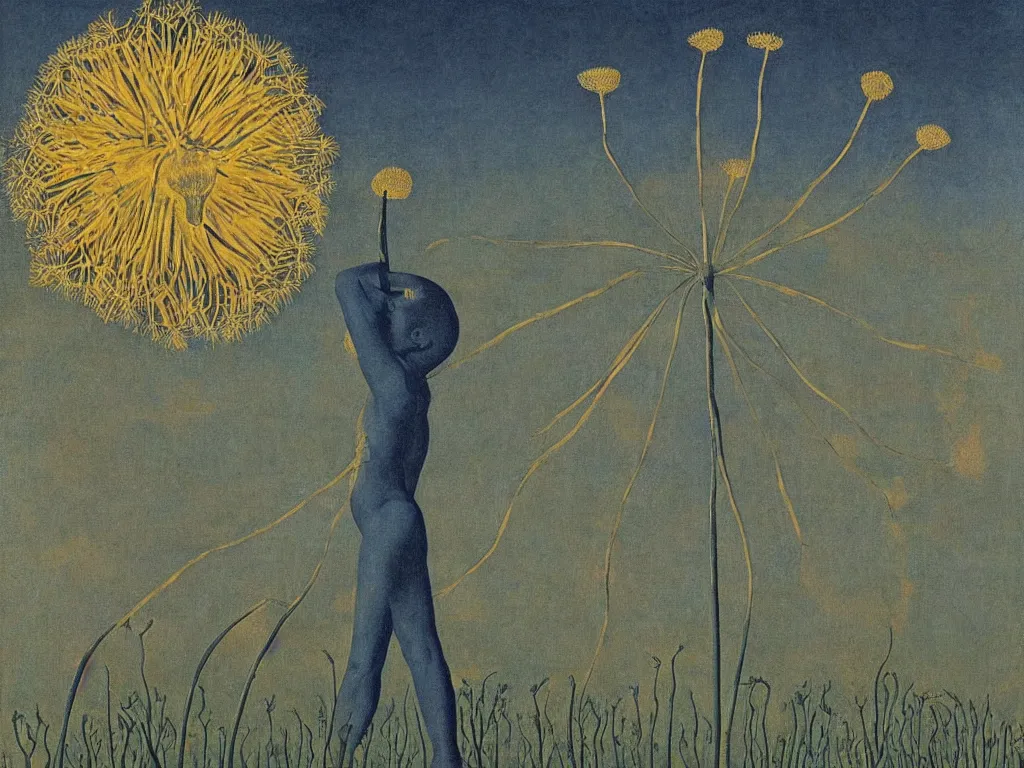 Image similar to Glowing Dandelion seed storm, African god mask fountainhead windswept, Buddhist stupa, acid rains, giant leeches. The sacred trembling waters. Close up hands. Painting by Rene Magritte, Jean Delville, Max Ernst, Maria Sybilla Merian, Piero della Francesca