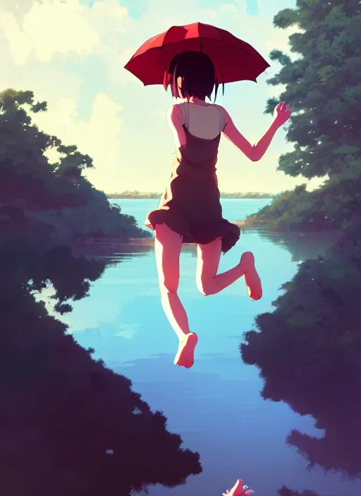 Image similar to girl jumping near a lake, rainy, touching a long neck monster, illustration concept art anime key visual trending pixiv fanbox by wlop and greg rutkowski and makoto shinkai and studio ghibli