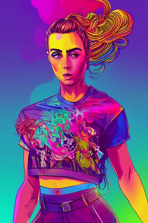 Image similar to a award winning half body portrait of a beautiful woman with stunning eyes in a printed croptop and cargo pants with rainbow colored ombre hairstyle head in motion and hair flying by josan gonzales, outrun, vaporware, shaded flat illustration, digital art, trending on artstation, highly detailed, fine detail, intricate