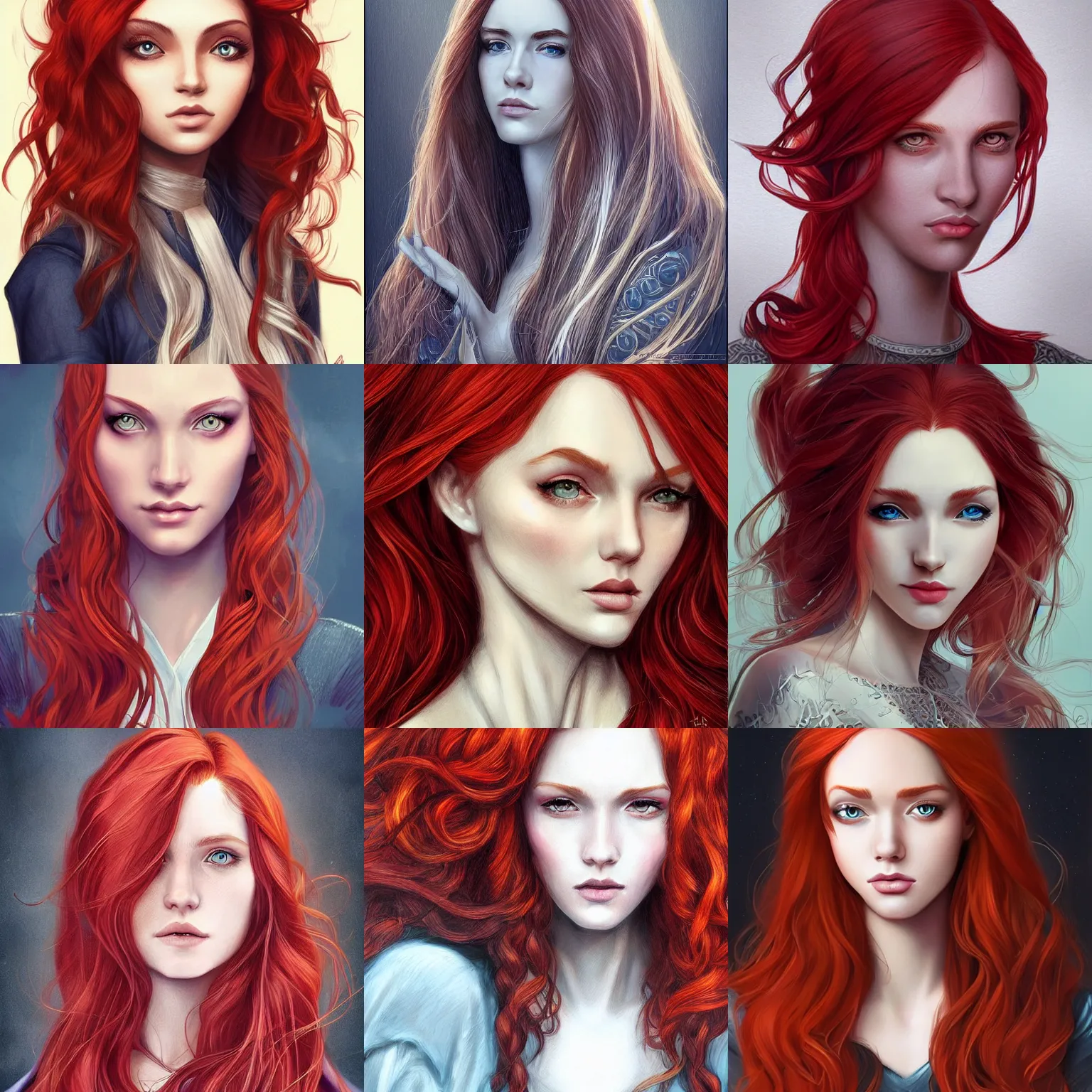 Prompt: shallan davar. young woman with beautiful long red hair. rich, fancy clothes. portrait. highly detailed, sharp focus, illustration, concept art, artgerm style, character design