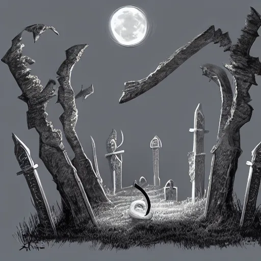 Prompt: skeletal being clawing its way out of a shallow grave, moonlit graveyard, horror, ancient lighting, concept art