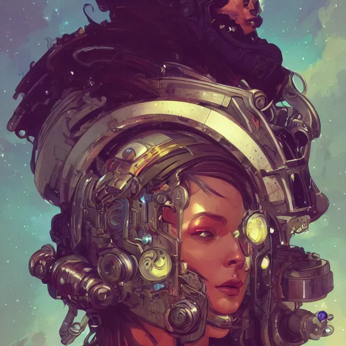 Prompt: a head and shoulders portrait of a space pirate, neon, retro, steampunk, smooth, sharp focus, intricate, artstation, detailed concept art by Rutkowski and Mucha and sky sewa and Marc Simonetti