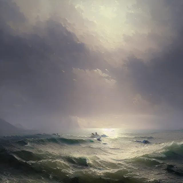 Prompt: a beautiful painting of the sea by ( ivan aivazovsky ) and sin jong hun and greg rutkowski and george varodi. in style of concept art. 4 k texture. ray tracing. sharp lines, hyper detailed. octane render. trending on artstation