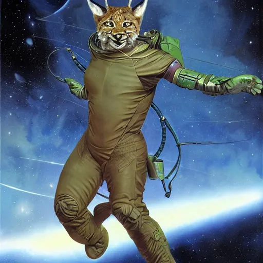 Prompt: lynx - headed space hero, science fiction, pulp sci fi, michael whelan, mignogna, illustration