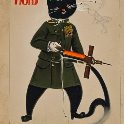 Prompt: anthropomorphic tuxedo cat in wwi era army uniform operating a flamethrower