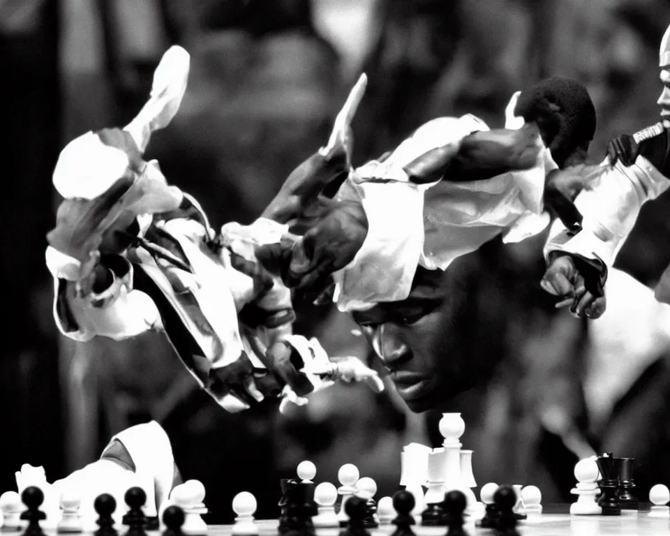 Image similar to an 8 0 s action film still of a humanoid black chess pawn killing a white chess king. action scene. vhs.