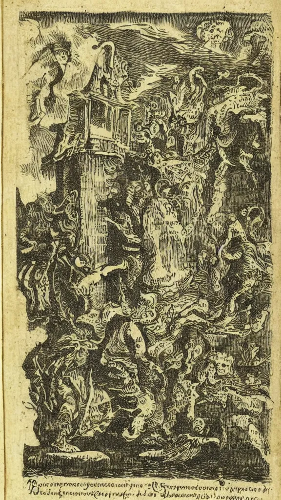 Prompt: revenants, spirits and pagan apparitions, grimoire, italian woodblock print from 1 7 5 5