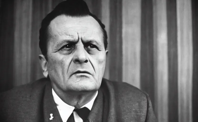 Prompt: 60s movie still close-up portrait of Josip Broz Tito in a museum hall, by Irving Penn , Cinestill 800t 35mm black and white, heavy grainy picture, very detailed, high quality, 4k, HD criterion, dramatic lightning, precise texture