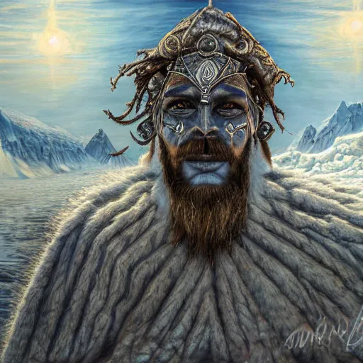 Image similar to mysteries of Antarctica glacial cult mountain god, realistic fantasy, oil painting, extremely high detail, photorealistic, cinematic lighting, oil painting, intricate line drawings, 4k resolution