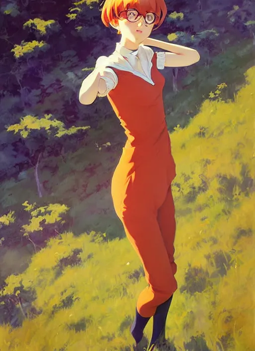 Image similar to Greg Manchess ainting of Velma Dinkley in the style of Violet Evergarden, anime style, winged eyelashes, countryside, calm, fantasy character portrait, dark outlines, dynamic pose, above view, sunny day, artwork by Makoto Shinkai, very coherent asymmetrical artwork, sharp edges, perfect face, simple form, 100mm