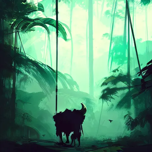 Prompt: ismail inceoglu and jama jurabaev's concept art, cel shadow, film shooting, trends on artstation, high quality, brush strokes, bright colors, giant demon goat skull in mysterious rainforest - w 8 9 6