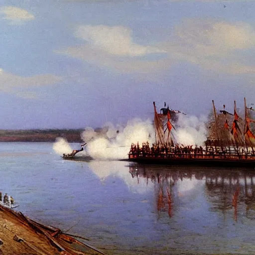 steam boat sailing down the river benue, 1885, highly Stable