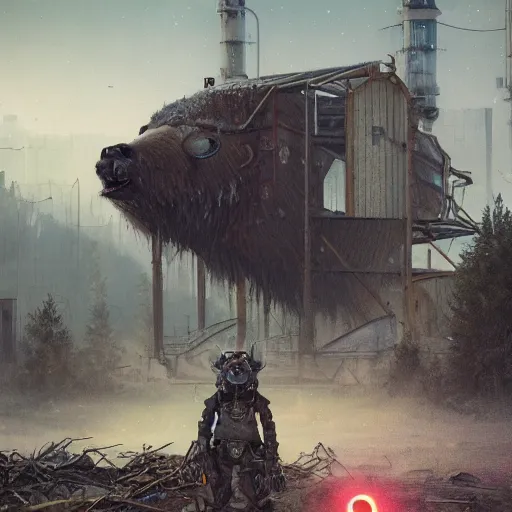 Prompt: a steampunk cyborg grizzly bear with laser eyes walking in a wasteland, abandoned barn in the background, collapsed water tower, painting by Greg Rutkowski, Felix Kelly and Syd Mead, high detail, atmospheric lighting, matte painting, light and shadow, octane render, artstation trending, 4k UHD