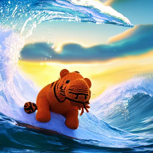 Image similar to a closeup photorealistic photograph of a cute smiling knitted tiger hippopotamus riding a large wave at sunset. surf in background. professional capture. brightly lit scene. this 4 k hd image is trending on artstation, featured on behance, well - rendered, extra crisp, features intricate detail, epic composition and the style of unreal engine.