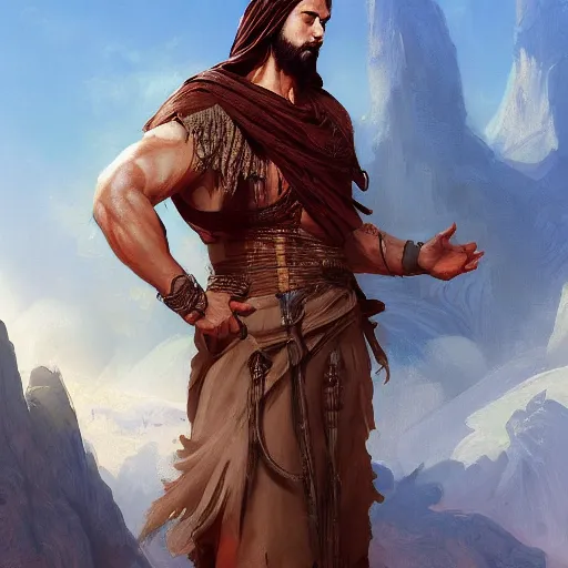 Image similar to A beautiful digital painting of a 30 year old man with middle eastern skin and Biblical clothing, by Stanley Artgerm Lau, frank frazetta, Rossdraws, James Jean, gerald brom, Andrei Riabovitchev, Marc Simonetti, and Sakimichan, trending on artstation, SFW version