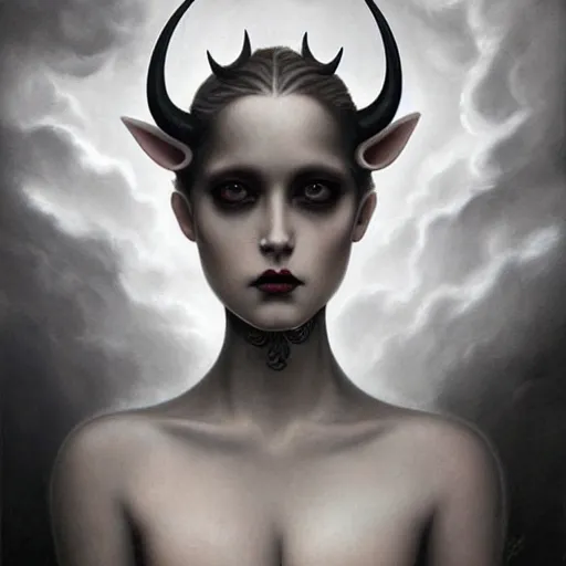 Image similar to By Tom Bagshaw, ultra realist soft painting of zynoid curiosities by night, very beautiful horned single dollpunk gothic fully dressed, symmetry accurate features, very intricate details, ominous sky, black and white, volumetric light clouds