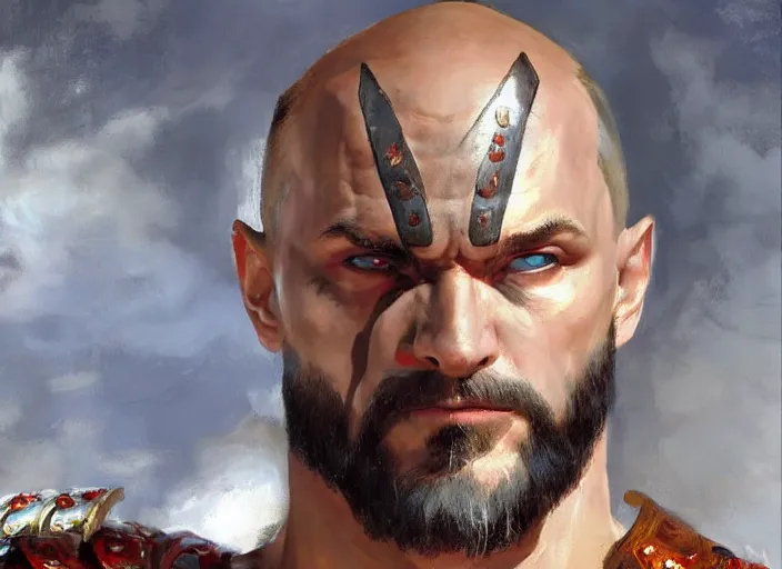 Image similar to a highly detailed beautiful portrait of vladimir putin as kratos, by gregory manchess, james gurney, james jean