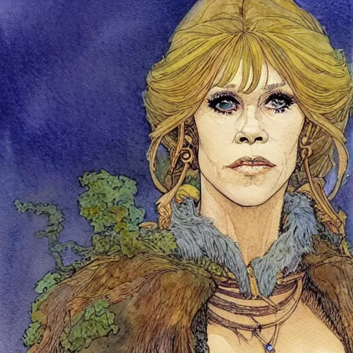 Image similar to a realistic and atmospheric watercolour fantasy character concept art portrait of jane fonda in her 2 0 s as a druidic warrior wizard looking at the camera with an intelligent gaze by rebecca guay, michael kaluta, charles vess and jean moebius giraud