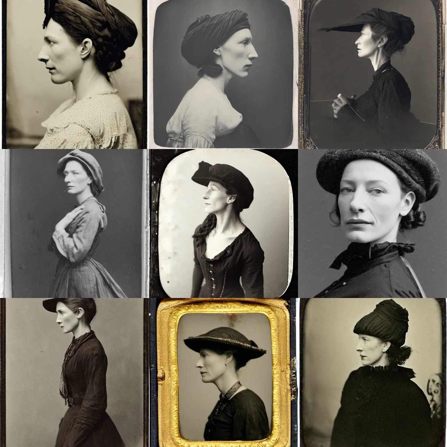 Prompt: side profile of a mid 1 9 th century, thirtysomethins years old, cate blanchett with termed kyphosis as an austro - hungarian woman ( with messy bun, brown hair, ( ( ( black witch hat ) ) ) ), daguerreotype by emil rabending