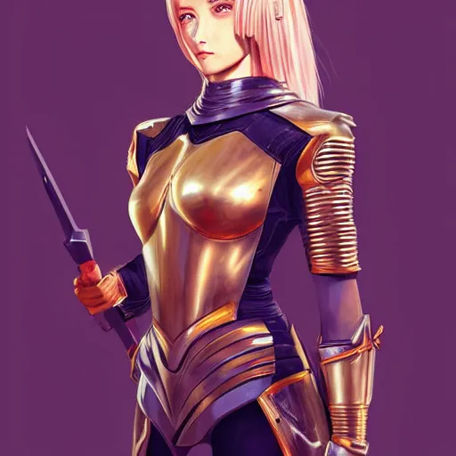 Prompt: a beutifull knight woman , symetrical face , golden armor , blue eyes pupills, pink long haire , highly detailed, digital painting, in the style of ilya kuvshinov and artgerm, high definition digital art