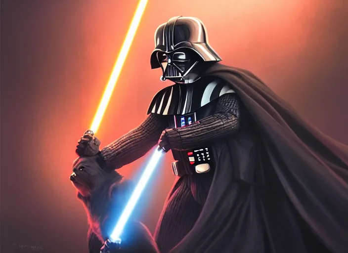 Image similar to a Photorealistic dramatic hyperrealistic render of darth vader with lightsaber drawn facing off against a cute corgi in battle, futuristic star wars vibe, by WLOP and Artgerm and Greg Rutkowski and Alphonse Mucha, Beautiful dynamic dramatic dark moody lighting, shadows, cinematic atmosphere, Artstation, concept design art, Octane render, 8K, masterpiece, sharp focus
