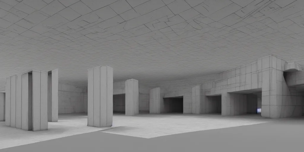 Image similar to 3 d octane model of a brutalism art gallery, highly detailed