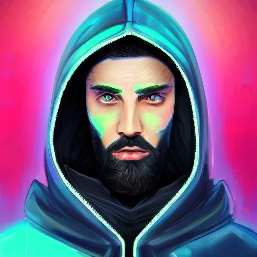 Prompt: a portrait of an ultradetailed futuristic male cyberpunk wearing a hoodie on his head, bearded, deep blue eyes, by dylan kowalski, 8 k, purple neon colours, digital painting, trending on artstation