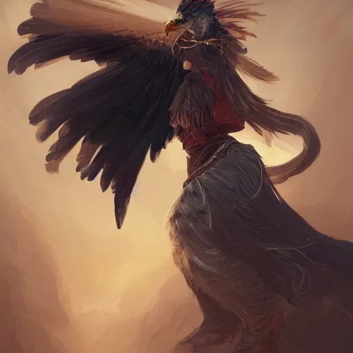 Prompt: asian woman holding an eagle on a horse, greg rutkowski, fantasy, intricate, elegant, wolf nearby, highly detailed, digital painting, artstation, concept art, long shot, cinematic lighting