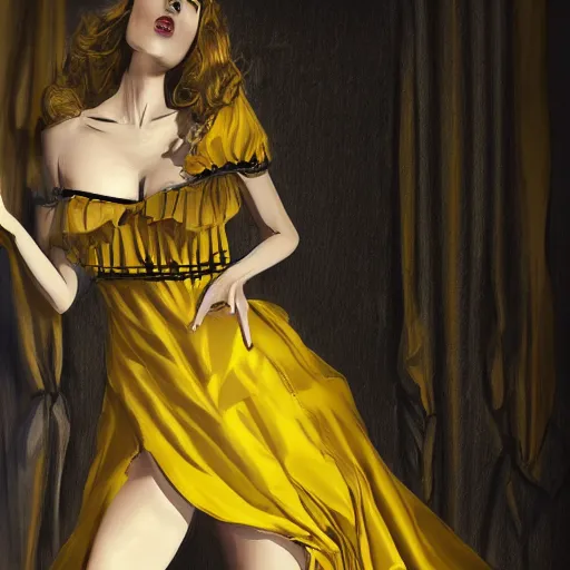 Image similar to a woman wearing a yellow dress with one leg revealed, detailed body and face with pink lips and blue eyes, gothic atmosphere, digital art, highly detailed, high contrast, beautiful lighting, award winning, trending on art station, photorealistic, 8 k,